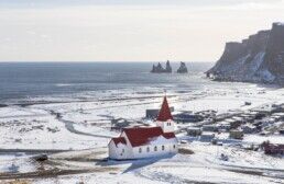 Vík í Mýrdal in South Iceland, as seen in the winter