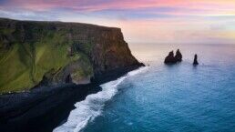 The black sand beach Reynisfjara at dusk