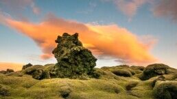 The Midnight Sun over a lava field in Iceland