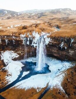 Seljalandsfoss viewed aerially during the winter