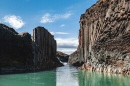 Studlagil's blue green river in summer